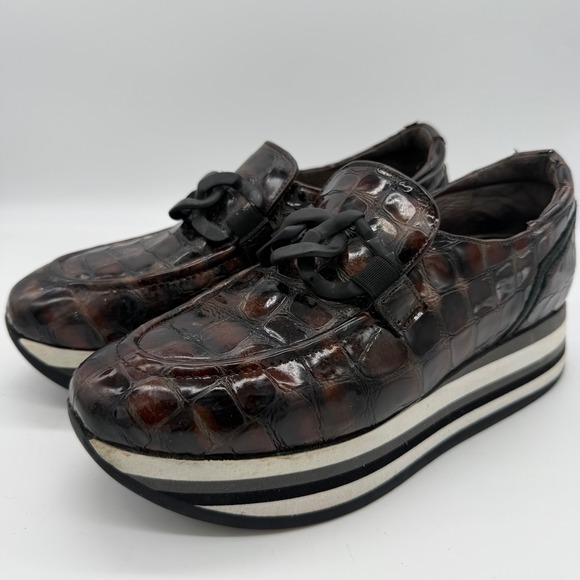 Sesto Meucci Shoes - Womens Softwaves Alicia Brown Croc Embossed Leather Platform Loafers Chain 37.5